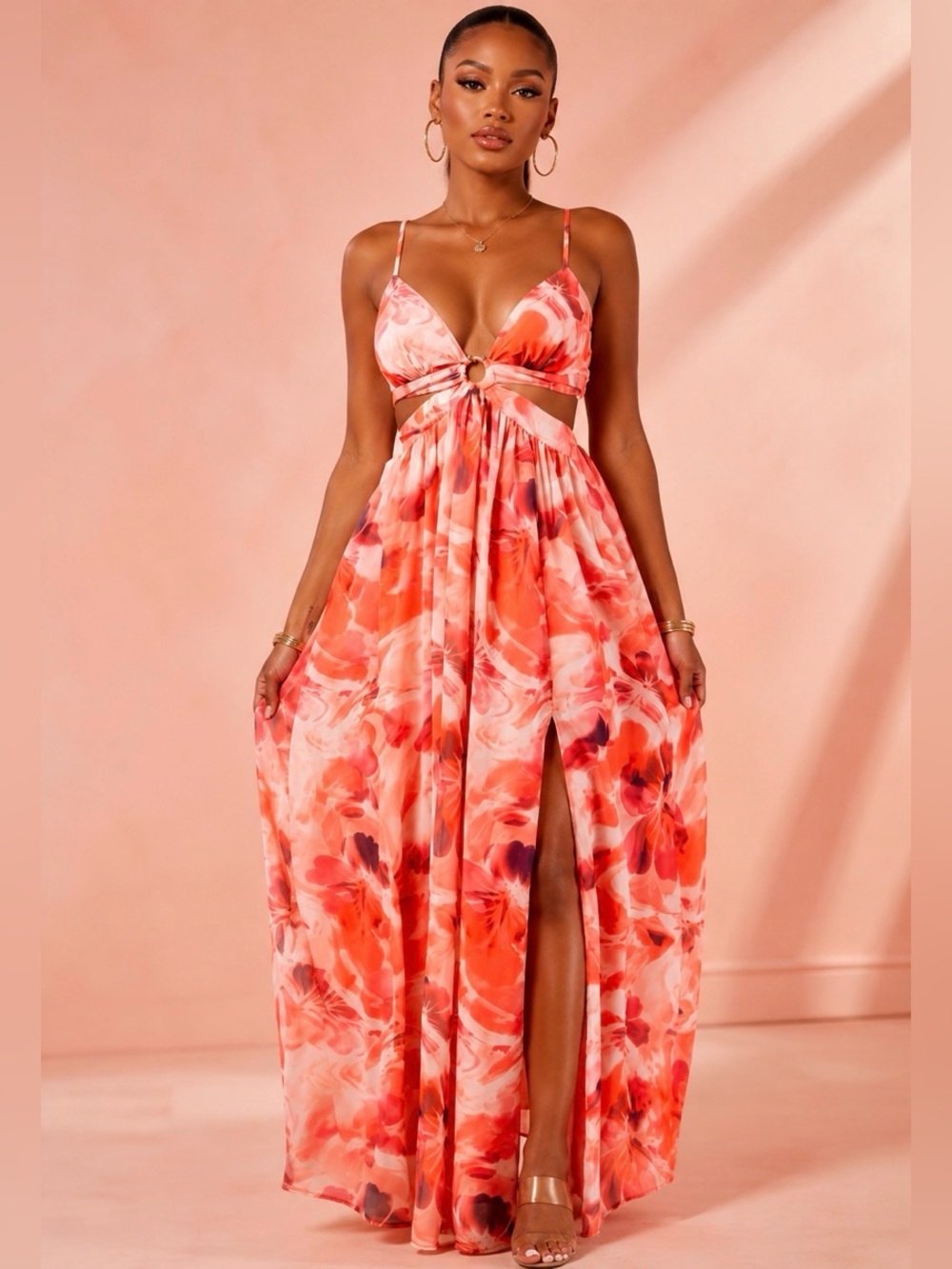 Floral Cutout Maxi Dress in Coral Pink